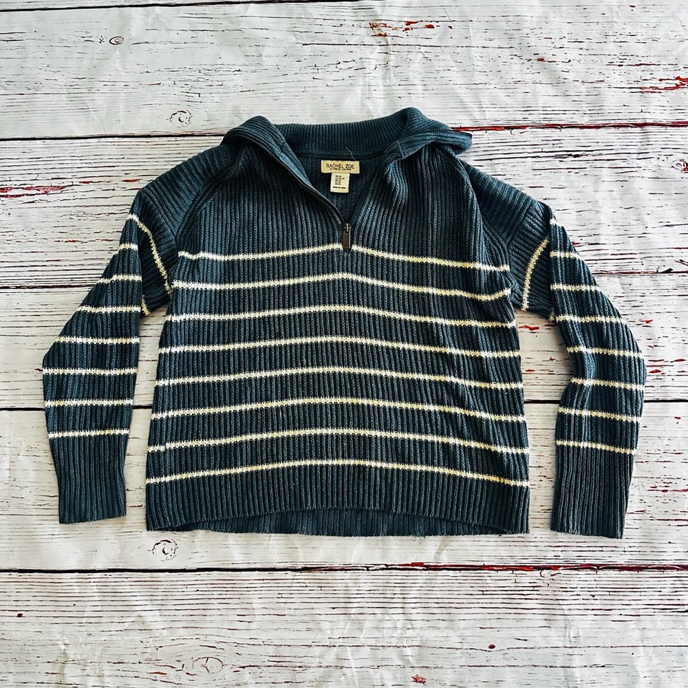 Women’s Blue & Whiten Striped Zip-Up Sweater